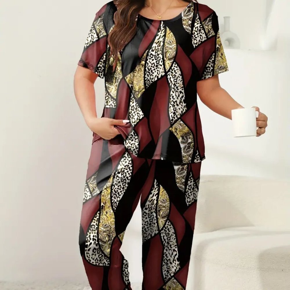 3X 4X 5X PLUS SIZE Leopard & Paisley Short Sleeve Colorblock Loungewear Set